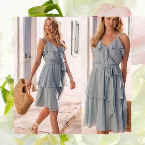Gal Meets Glam Dresses & Skirts - Gal Meets Glam Dress Wrap Helena V Neck Tiered Belt Eyelet Flowy Blue Light NWT